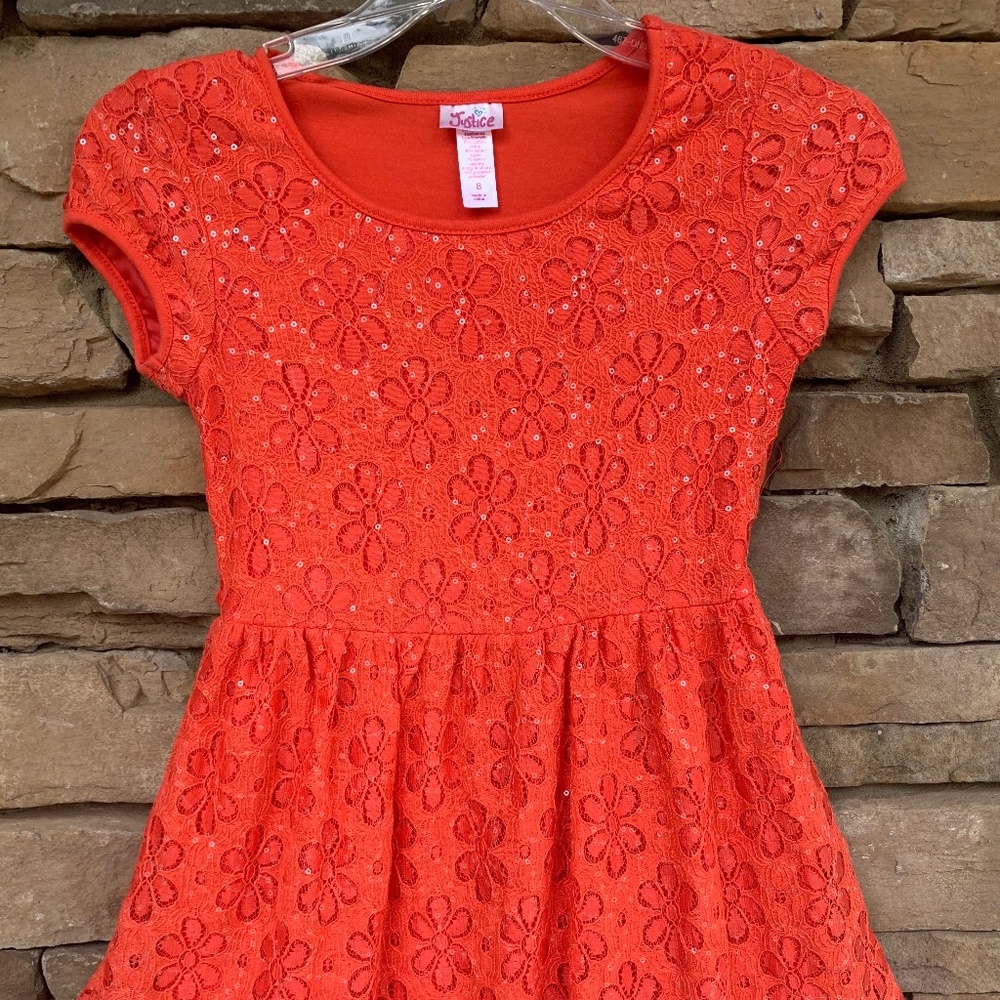 girls size 8 orange lace and sequin  justice dress